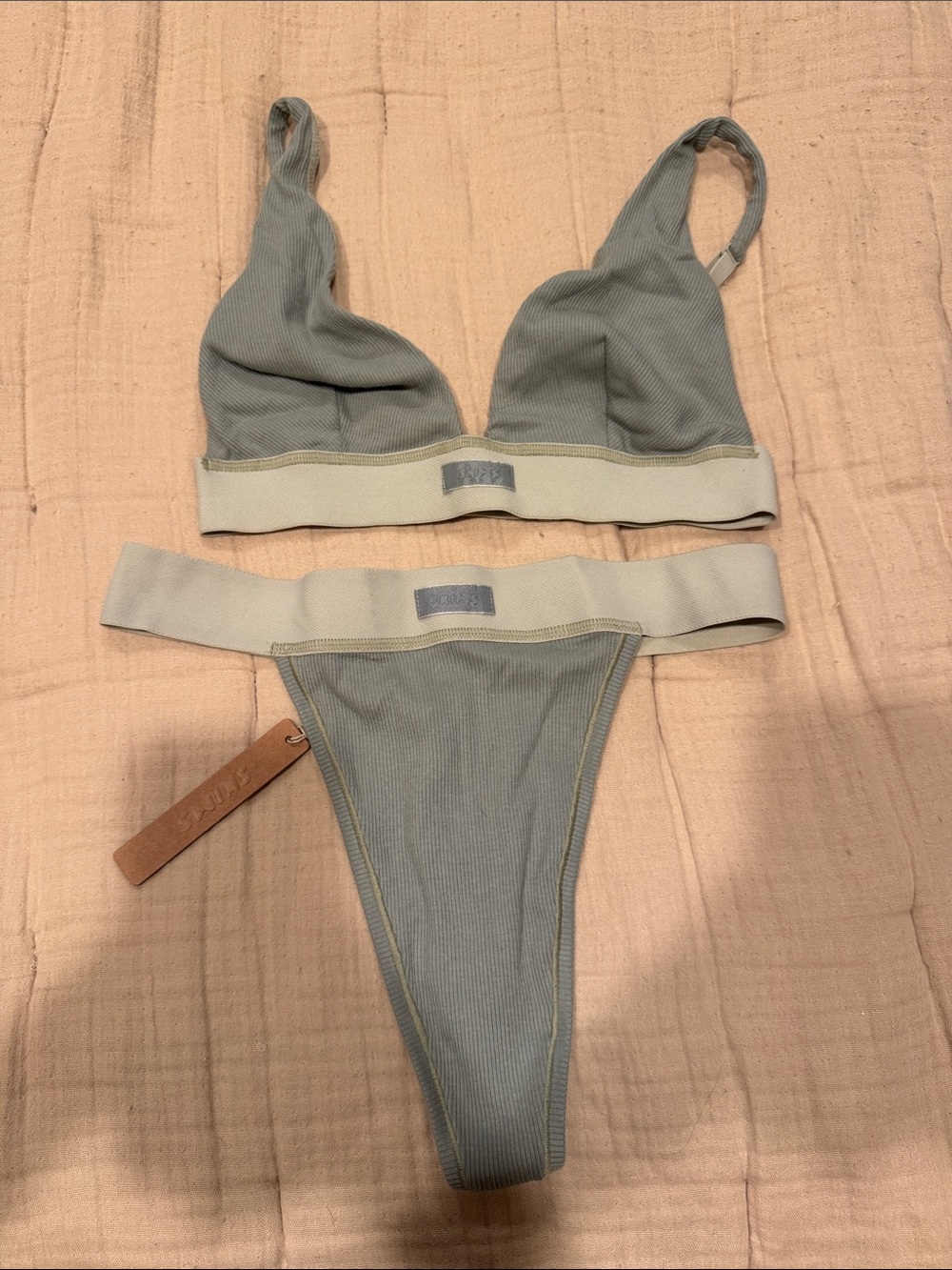 SKIMS Ribbed Scoop Bralette & High-Cut Thong Set in Sage Green